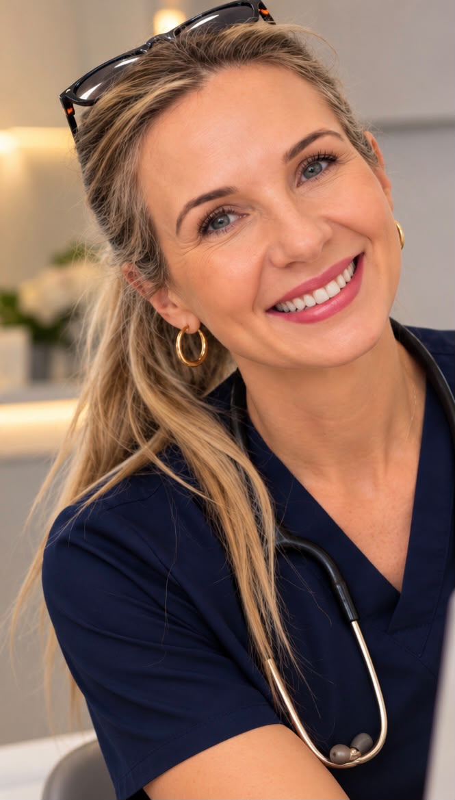 Dr Natalie Beard, wearing navy clinical scrubs with a stethoscope